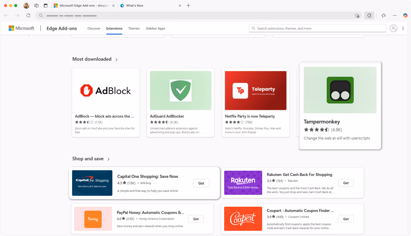 Screenshot of the Microsoft Edge Add-ons store showing popular extensions, including ad blockers, Netflix Party, Tampermonkey, and shopping tools like Honey and Rakuten.